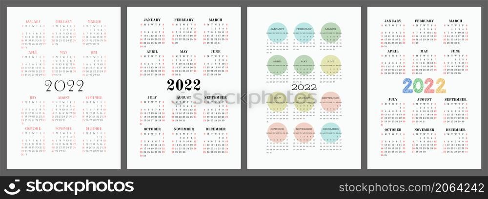 Calendar 2022 year set. Vector template collection. Graphic design. Week starts on Sunday. January, February, March and April, May, June and July, August, September and October, November and December.