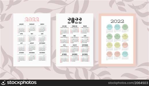 Calendar 2022 year set. Vector template collection. Graphic design. Week starts on Sunday. January, February, March, April, May, June, July, August, September, October, November, December.. Calendar 2022 year set. Vector template collection. Graphic design. Week starts on Sunday. January, February, March, April, May, June, July, August, September, October, November, December