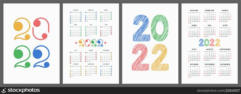 Calendar 2022 year set. Vector template collection. Graphic design. Week starts on Sunday. January, February, March, April, May, June, July, August, September, October, November, December