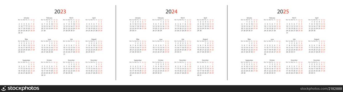 Calendar 2023, 2024 and 2025, week start Monday. Vector corporate design planner template.