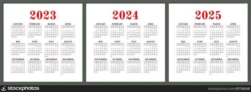 Calendar 2023, 2024 and 2025 years. Square vector calender design template. English set. Week starts on Sunday. January, February, March, April, May, June, July, August, September, October, November, December.. Calendar 2023, 2024 and 2025 years. Square vector calender design template. English set. Week starts on Sunday. January, February, March, April, May, June, July, August, September, October, November, December