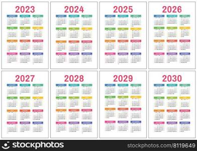 Calendar 2023, 2024 to 2030. Colorful vector pocket calender design. Week starts on Sunday. January, February, March, April, May, June, July, August, September, October, November, December.. Calendar 2023, 2024 to 2030. Colorful vector pocket calender design. Week starts on Sunday. January, February, March, April, May, June, July, August, September, October, November, December