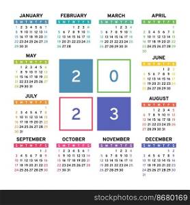 Calendar 2023. Colorful english square calender. January, February, March, April, May, June, July, August, September, October, November and December.. Calendar 2023. Colorful english square calender. January, February, March, April, May, June, July, August, September, October, November and December