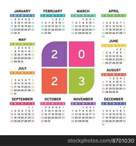 Calendar 2023. Colorful english square calender. January, February, March, April, May, June, July August September October November and December. Calendar 2023. Colorful english square calender. January, February, March, April, May, June, July, August, September, October, November and December