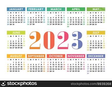 Calendar 2023. English colorful vector horizontal wall or pocket calender template. Design. New year. Week starts on Sunday