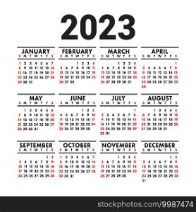 Calendar 2023. English vector square wall or pocket calender design template. New year. Week starts on Sunday. Black, red and white colors