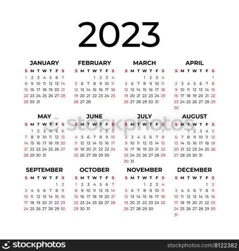 Calendar 2023. English vector square wall or pocket calender template. New year. Week starts on Sunday.. Calendar 2023. English vector square wall or pocket calender template. New year. Week starts on Sunday