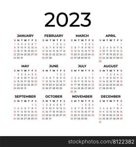 Calendar 2023. English vector square wall or pocket calender template. New year. Week starts on Sunday.. Calendar 2023. English vector square wall or pocket calender template. New year. Week starts on Sunday