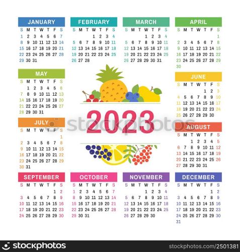 Calendar 2023. Organic healthy food. Color fruits and berries sketch menu. Fresh rowan, apple, lemon, pineapple, currant, blueberry and chokeberry. Colorful design template.. Calendar 2023. Organic healthy food. Color fruits and berries sketch menu. Fresh rowan, apple, lemon, pineapple, currant, blueberry and chokeberry. Colorful design template
