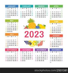 Calendar 2023. Organic healthy food. Color fruits and berries sketch menu. Fresh rowan, apple, lemon, pineapple, currant, blueberry and chokeberry. Colorful design template.. Calendar 2023. Organic healthy food. Color fruits and berries sketch menu. Fresh rowan, apple, lemon, pineapple, currant, blueberry and chokeberry. Colorful design template