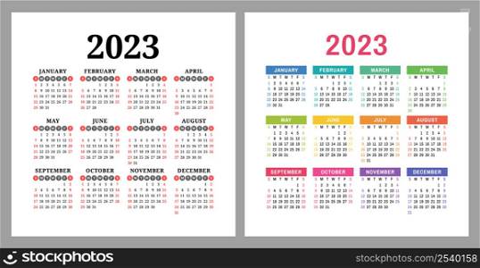 Calendar 2023. Square vector calender design template. English colorful set. Week starts on Sunday. New year. January, February, March, April, May, June, July, August, September, October, November, December?. Calendar 2023. Square vector calender design template. English colorful set. Week starts on Sunday. New year. January, February, March, April, May, June, July, August, September, October, November, December