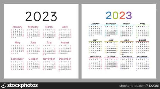 Calendar 2023. Square vector calender design template. English colorful set. Week starts on Sunday. New year. January, February, March, April, May, June, July, August, September, October, November, December . Calendar 2023. Square vector calender design template. English colorful set. Week starts on Sunday. New year. January, February, March, April, May, June, July, August, September, October, November, December
