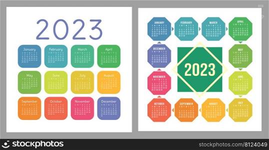 Calendar 2023. Square vector calender design template. English colorful set. Week starts on Sunday. New year. January, February, March, April, May, June, July, August, September, October, November, December . Calendar 2023. Square vector calender design template. English colorful set. Week starts on Sunday. New year. January, February, March, April, May, June, July, August, September, October, November, December