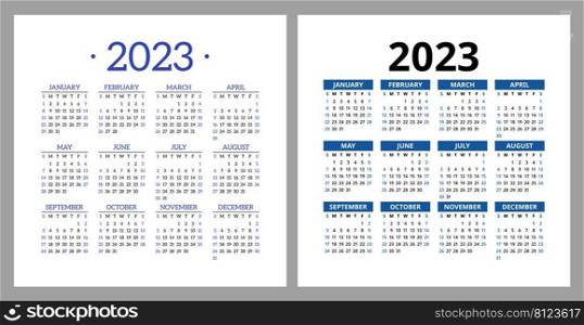 Calendar 2023. Square vector calender design template. English set. Week starts on Sunday. January, February, March, April, May, June, July, August, September, October, November, December.. Calendar 2023. Square vector calender design template. English set. Week starts on Sunday. January, February, March, April, May, June, July, August, September, October, November, December