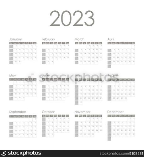 Calendar 2023.  Week starts on Sunday. Graphic design. Vector illustration.