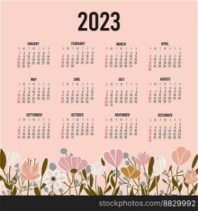 Calendar 2023 with 12 months. Sunday week start annual calendar. Single page calendar template with hand drawn boho plants and flowers. vector illustration.. Calendar 2023 with 12 months. Sunday week start annual calendar. Single page calendar template with hand drawn boho plants and flowers. vector illustration