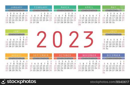 Calendar 2023 year. English colorful vector horizontal wall or pocket calender design template. New year. Week starts on Sunday