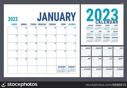 Calendar 2023 year. English planner template. Vector square grid. Office business planning. Creative trendy design. Blue color
