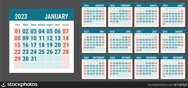 Calendar 2023 year. English template. Vector square grid. Office business planning. Creative design. Red and blue color.. Calendar 2023 year. English template. Vector square grid. Office business planning. Creative design. Red and blue color