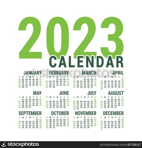 Calendar 2023 year. English vector square template. Minimalistic design. Week starts on Sunday.. Calendar 2023 year. English vector square template. Minimalistic design. Week starts on Sunday