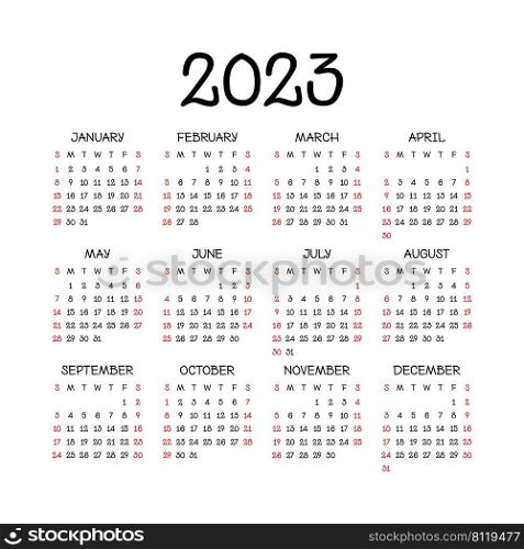 Calendar 2023 year. English vector square wall or pocket calender template.. Calendar 2023 year. English vector square wall or pocket calender template
