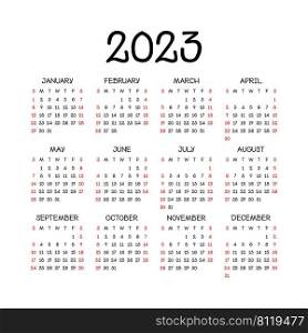 Calendar 2023 year. English vector square wall or pocket calender template.. Calendar 2023 year. English vector square wall or pocket calender template