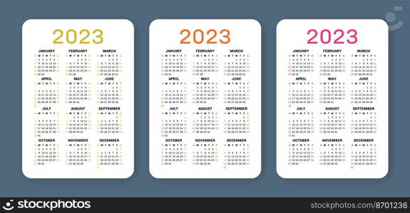 Calendar 2023 year set. English vector set. Vertical wall or pocket calender template. Design collection. Week starts on Sunday.. Calendar 2023 year set. English vector set. Vertical wall or pocket calender template. Design collection. Week starts on Sunday