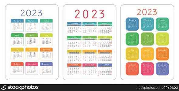 Calendar 2023 year set. Vector pocket or wall calender template collection. Simple design. Week starts on Sunday