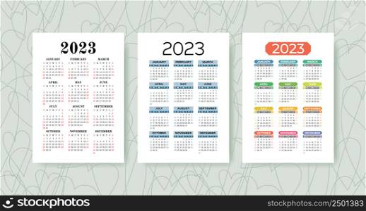 Calendar 2023 year set. Vector template collection. Graphic design. January, February, March, April, May, June, July, August, September, October, November, December.. Calendar 2023 year set. Vector template collection. Graphic design. January, February, March, April, May, June, July, August, September, October, November, December