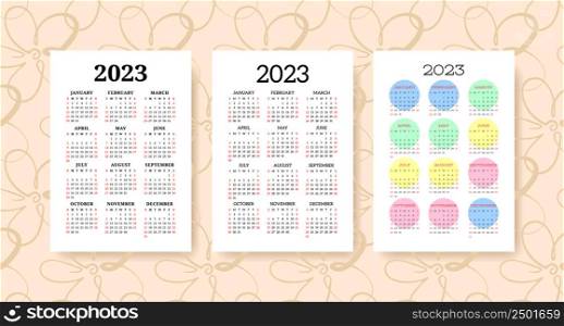 Calendar 2023 year set. Vector template collection. Graphic design. January, February, March, April, May, June, July, August, September, October, November, December.. Calendar 2023 year set. Vector template collection. Graphic design. January, February, March, April, May, June, July, August, September, October, November, December