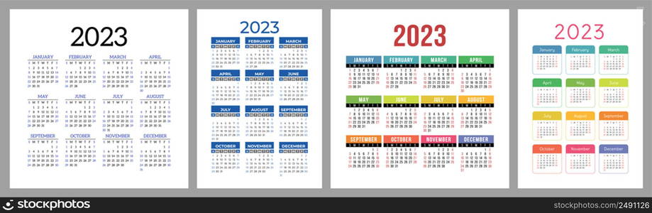 Calendar 2023 year set. Vector template collection. Ready design. Week starts on Sunday. January, February, March, April, May, June, July, August September October November December. Calendar 2023 year set. Vector template collection. Ready design. Week starts on Sunday. January, February, March, April, May, June, July, August, September, October, November, December