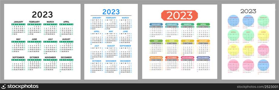Calendar 2023 year set. Vector template collection. Ready design. Week starts on Sunday. January, February, March, April, May, June, July, August, September, October, November, December.. Calendar 2023 year set. Vector template collection. Ready design. Week starts on Sunday. January, February, March, April, May, June, July, August, September, October, November, December