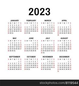 Calendar 2023 year. Simple design. English vector template. New year. Week starts on Sunday.