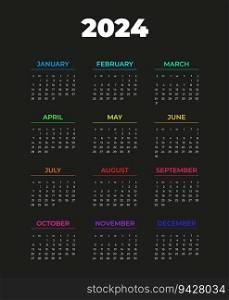 Calendar 2024, week starts on Sunday, white text on black background, color writing month, template, vector.