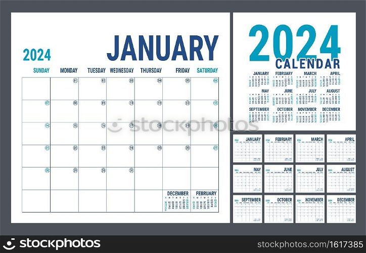 Calendar 2024 year. English planner template. Vector square grid. Office business planning. Creative trendy design. Blue color