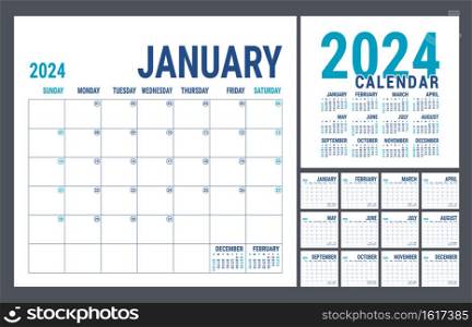 Calendar 2024 year. English planner template. Vector square grid. Office business planning. Creative trendy design. Blue color