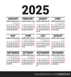 Calendar 2025. English vector square wall or pocket calender design template. New year. Week starts on Sunday. Black, red and white colors