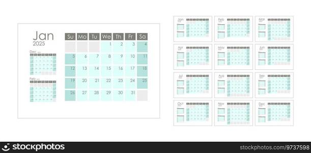 Calendar 2025 template.  Week starts on Sunday. With previous and next month miniature. Graphic design. Vector illustration.