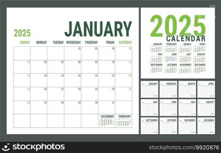 Calendar 2025 year. English planner template. Vector square grid. Office business planning. Creative design. Green color