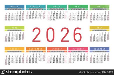 Calendar 2026 year. English colorful vector horizontal wall or pocket calender design template. New year. Week starts on Sunday