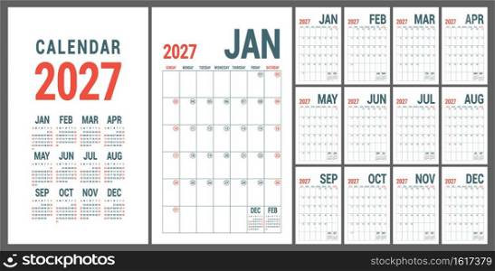 Calendar 2027. English red planner template. Vector grid. Office business planning. Creative design