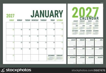 Calendar 2027 year. English planner template. Vector square grid. Office business planning. Creative design. Green color