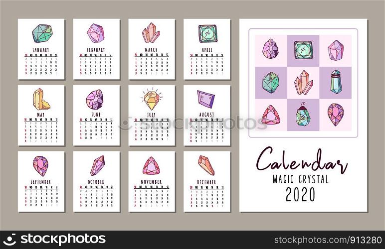 Calendar A4 format, or planner for 2020 with colored geometric crystals or gems, jewelry diamonds and precious stones. Cover and monthly pages with dates. Vector template. New Crystals Set