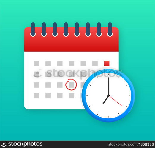 Calendar and clock icon. Wall calendar. Important, schedule, appointment date. Vector stock illustration. Calendar and clock icon. Wall calendar. Important, schedule, appointment date. Vector stock illustration.