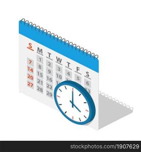 Calendar and clock in isometric icon. The concept of planning cases, important events and dates. Time management, control. Vector illustration in flat style.. Calendar and clock in isometric.