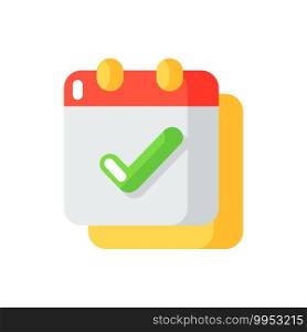 Calendar app vector flat color icon. Schedules and time management. Complete task. Planned events reminder. Dates organization. Cartoon style clip art for mobile app. Isolated RGB illustration. Calendar app vector flat color icon