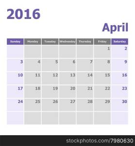 Calendar April 2016 week starts from Sunday, stock vector
