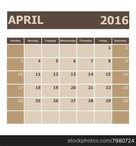 Calendar April 2016, week starts from Sunday, stock vector