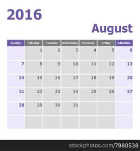 Calendar August 2016 week starts from Sunday, stock vector