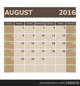 Calendar August 2016, week starts from Sunday, stock vector